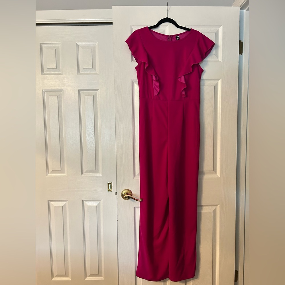 Hot Pink Short Sleeve Ruffle Stretchy Wide Leg Pantsuit Size Large